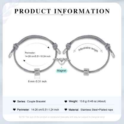 Pulseras de cuerda personalizadas para pareja con dije de corazón magnético grabado de dos letras-Jessemade ES