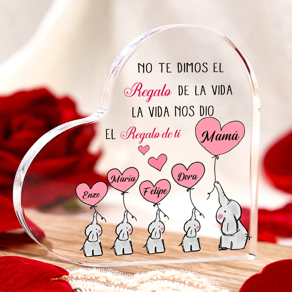 A mi mamá/abuela-Placa de acrílico en forma de corazón elefantes 2-5 nombres personalizados-Jessemade ES