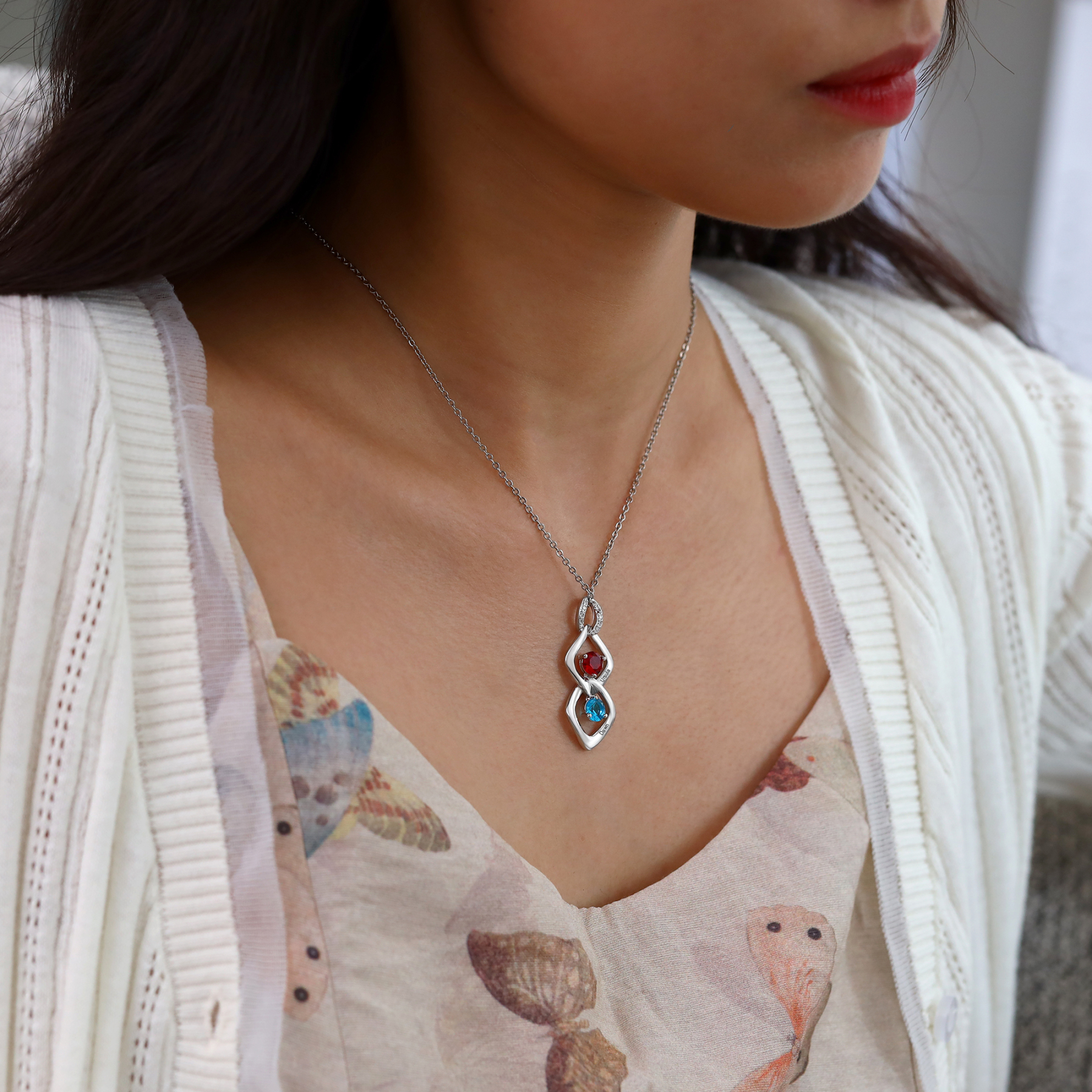 Collar de lazos con 2-5 nombres y piedras de nacimiento personalizados-Jessemade ES