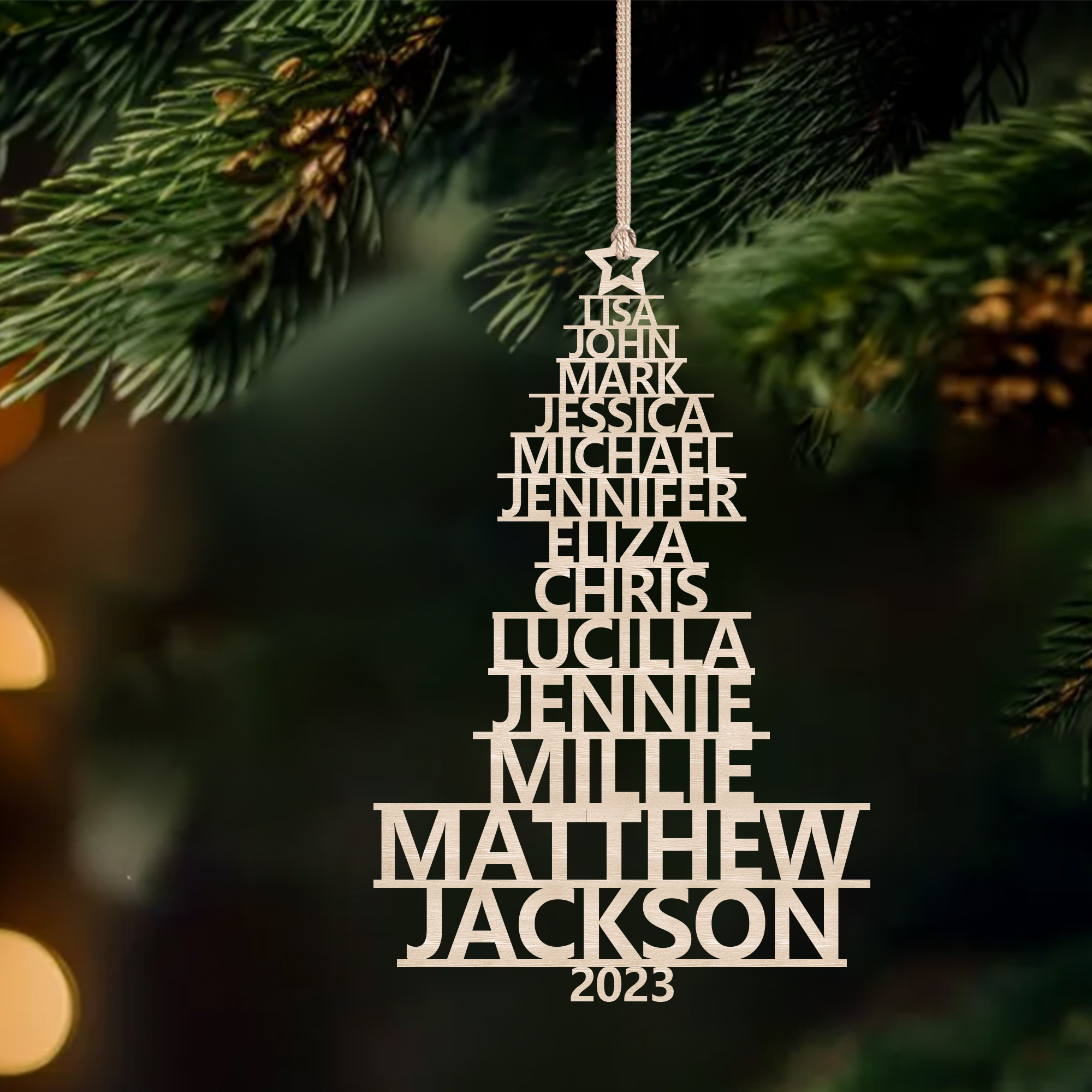 Navidad-Ornamento navideño de madera árbol de nombres con 13 nombres y año personalizados