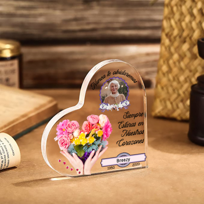 Placa de acrílico en forma de corazón con 1 foto, 1 nombre y 2 años personalizados para conmemoración-Jessemade ES