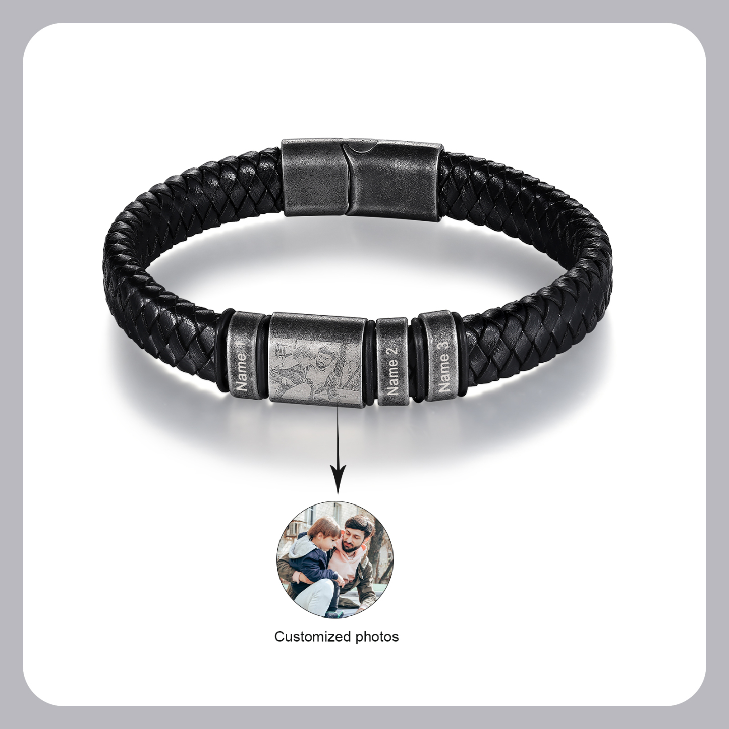 Pulsera 2-5 Nombres en Aros y Foto en Placa Personalizados de Cuero Trenzado