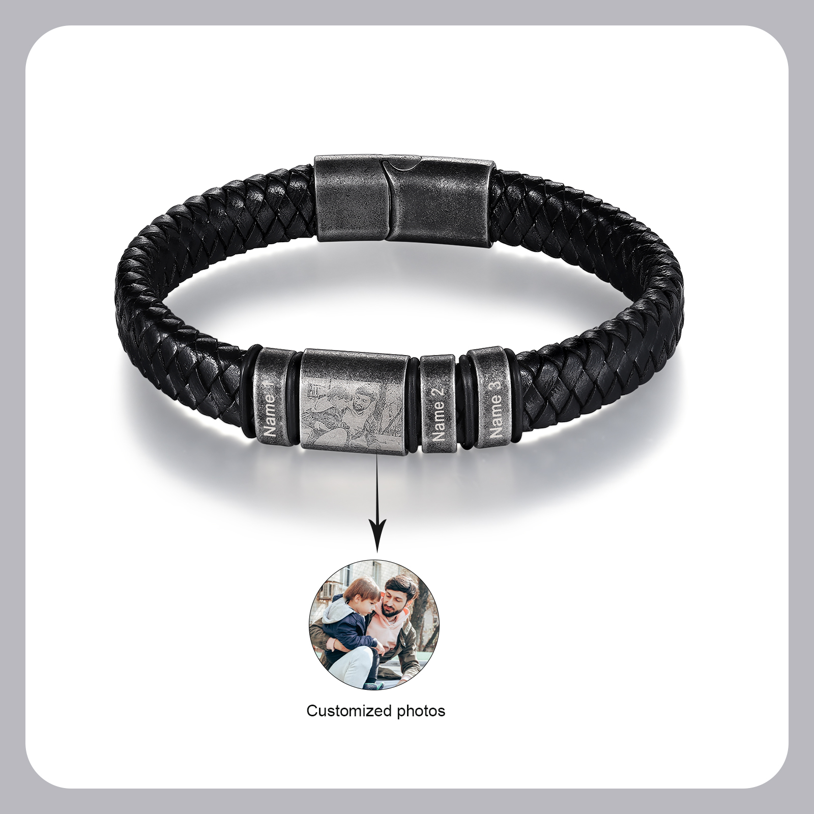 Pulsera 2-5 Nombres en Aros y Foto en Placa Personalizados de Cuero Trenzado