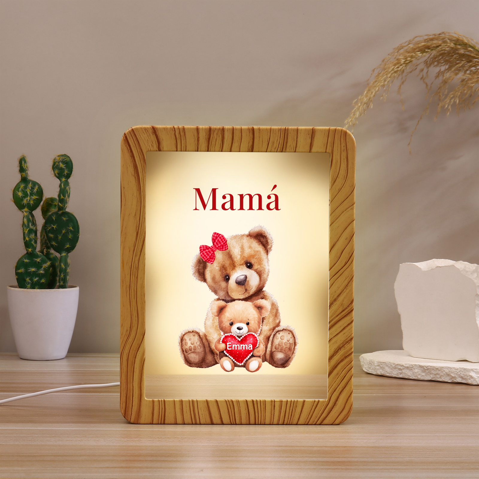 Marco/Espejo con LED Multifuncional Familia de Osos 1-4 Nombres Personalizados con 1 Texto-Jessemade ES