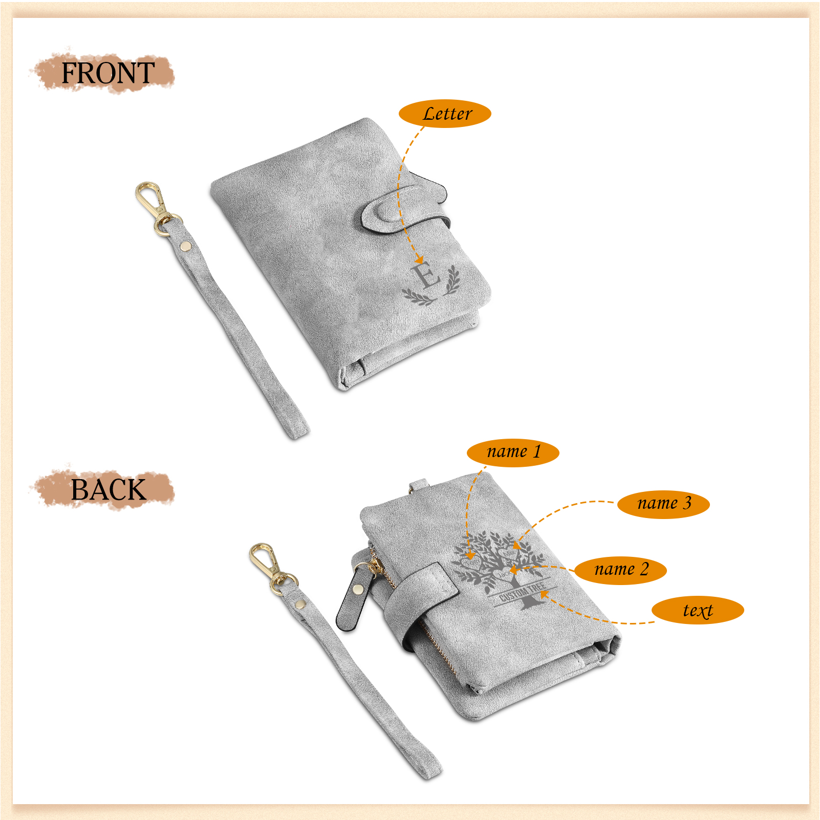 Cartera, billetera con 3-8 nombres, 1 letra y 1 texto personalizados árbol de la vida monedero clásico para mujer-Jessemade ES