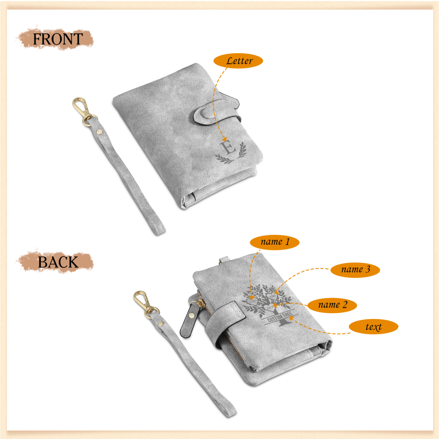 Cartera, billetera con 3-8 nombres, 1 letra y 1 texto personalizados árbol de la vida monedero clásico para mujer-Jessemade ES