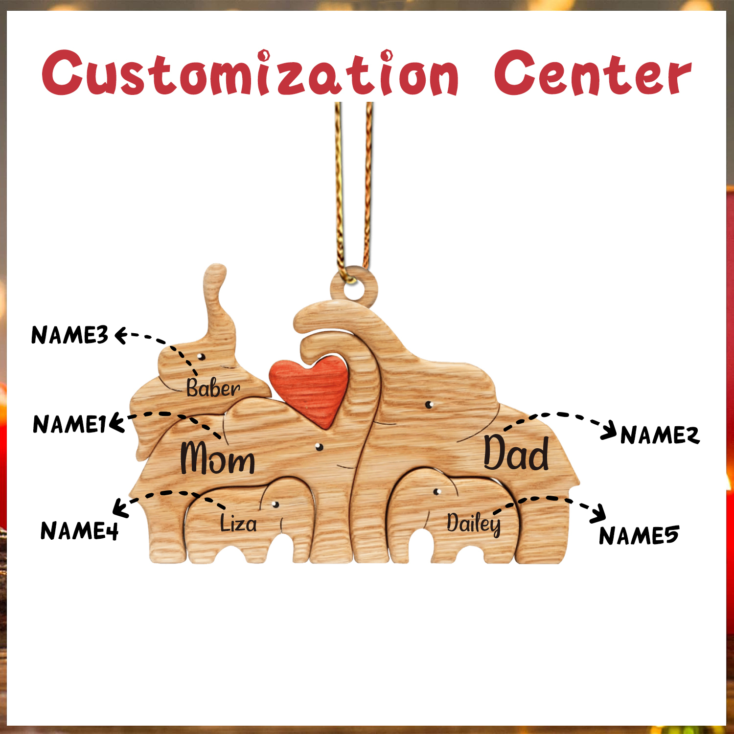 Navidad-Ornamento muñecos navideño de madera familia de elefantes 5 nombres personalizados adorno del árbol-Jessemade ES