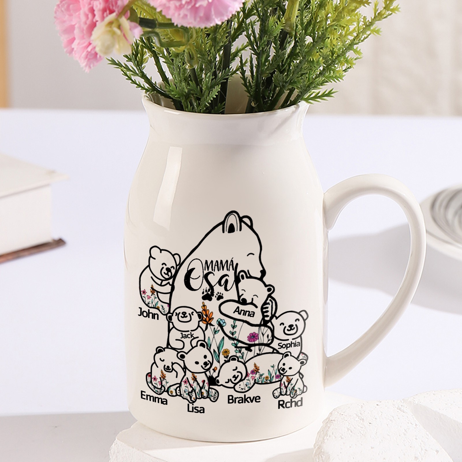 Florero de cerámica mamaosa y sus bebés 2-8 nombres personalizados con texto decoración del hogar-Jessemade ES