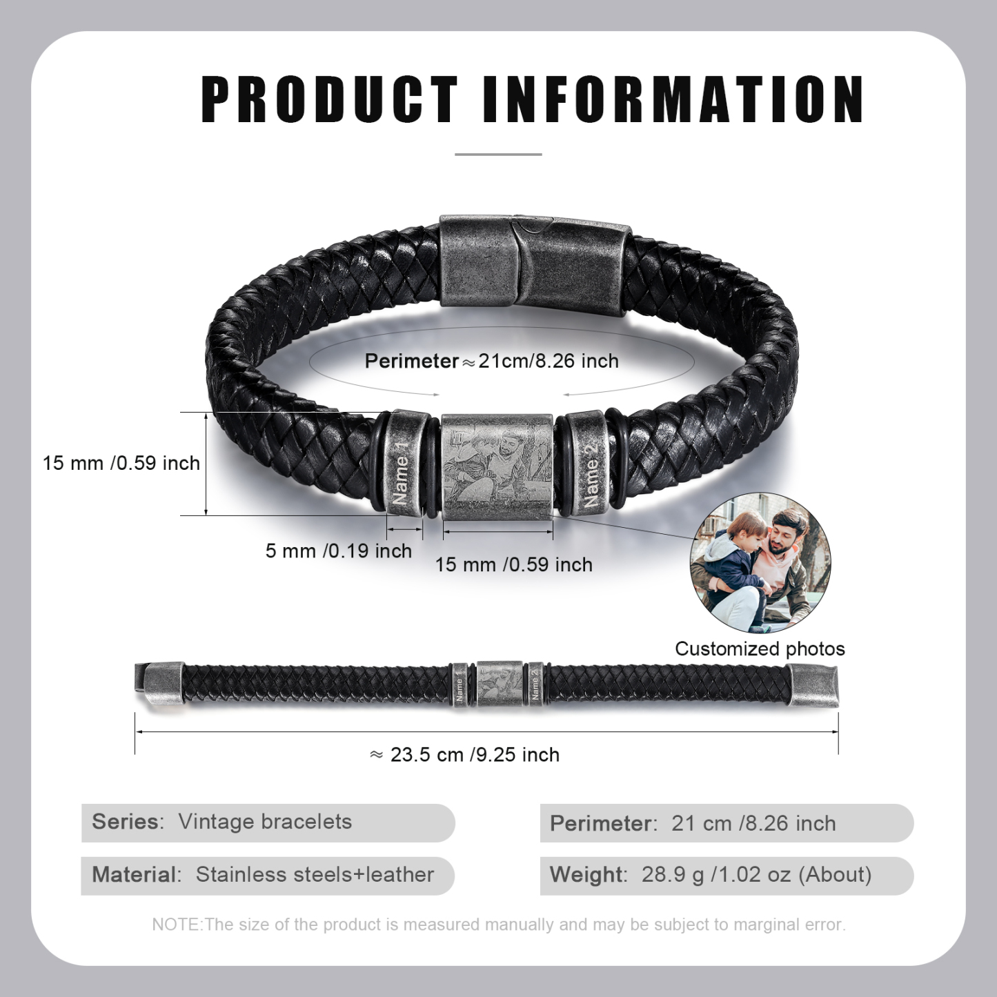 Pulsera 2-5 Nombres en Aros y Foto en Placa Personalizados de Cuero Trenzado