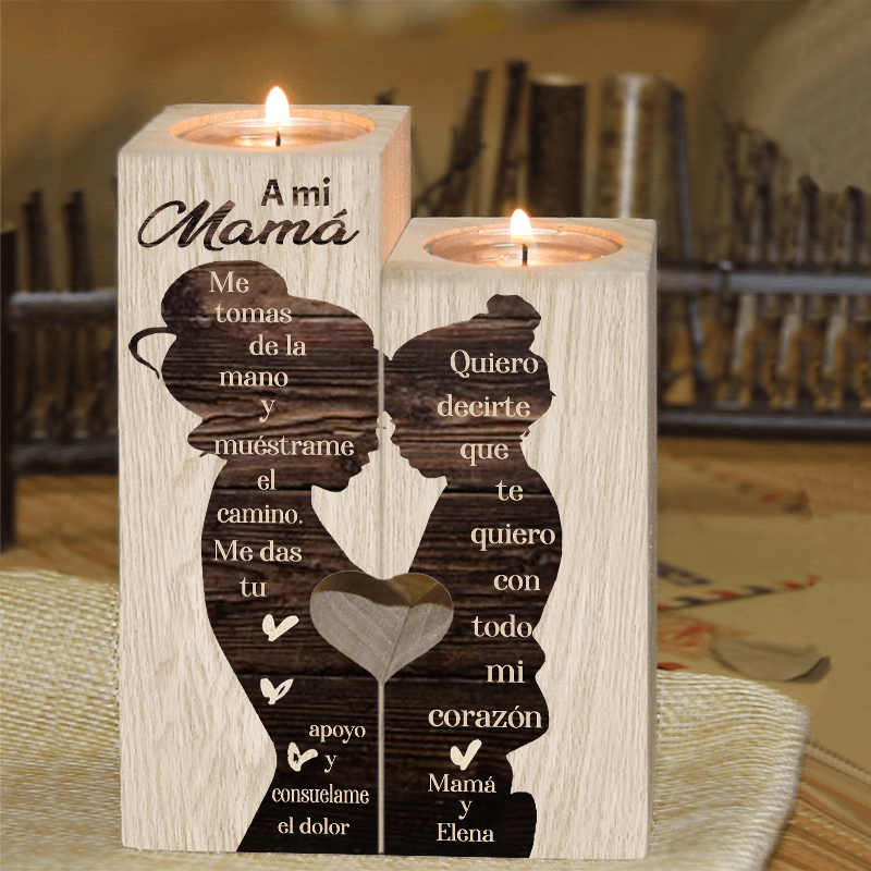 A mi mamá-Candelero de madera de dos piezas sin candela silueta de mamá y niñ@ 1 texto personalizado-Jessemade ES