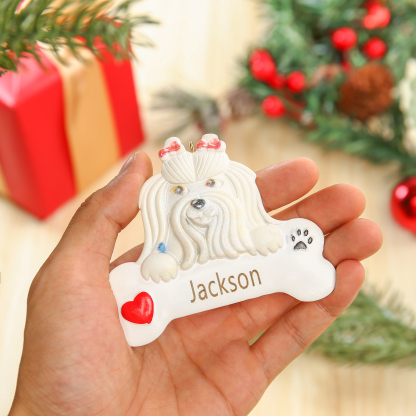 Navidad-Ornamento navideño de resina mascota perro Bichón maltés 1 nombre personalizado adorno del árbol-Jessemade ES