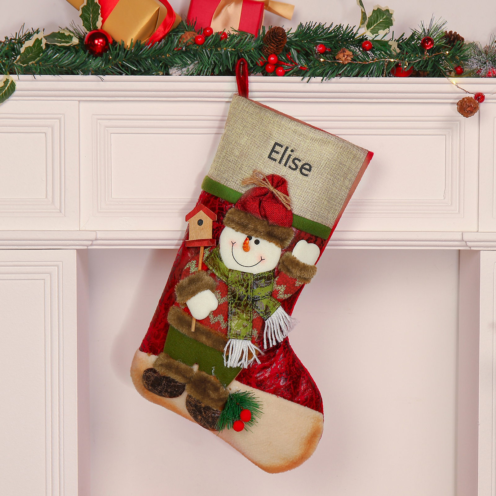 Adornos de medias navideñas con muñeco Bolsa de regalo 1 Nombre personalizado-Jessemade ES