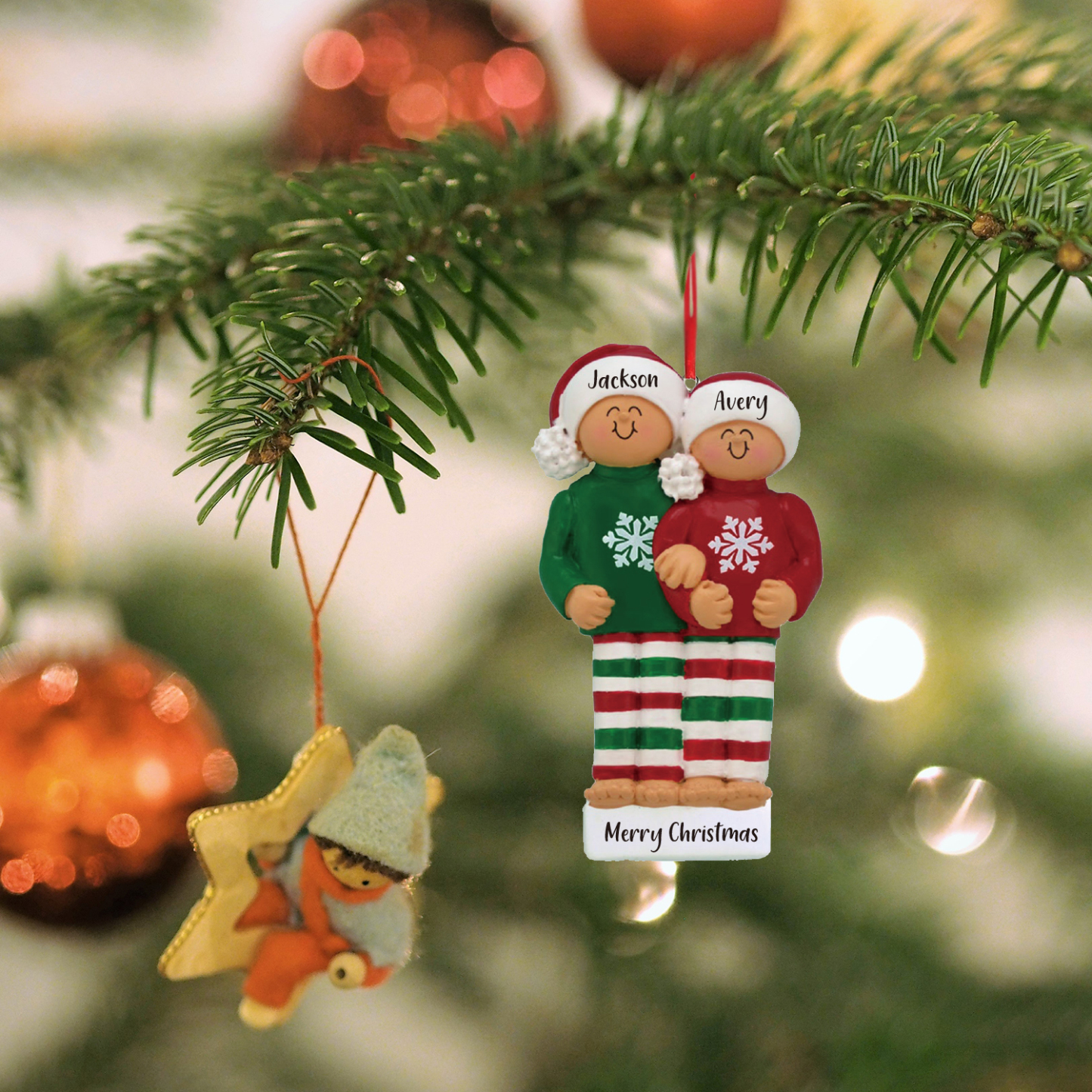 Ornamento muñecos navideño de madera 2 nombres y 1 texto personalizados adorno del árbol