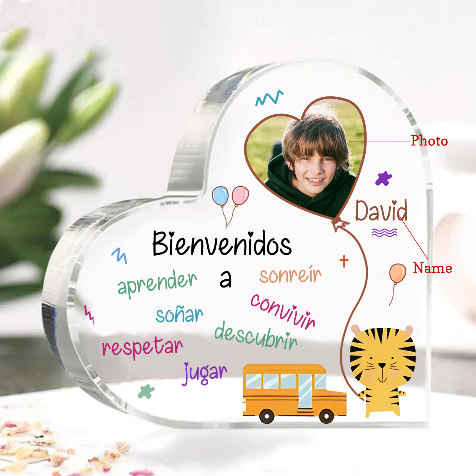 [Copy]Vuelta al cole-Placa de acrílico en forma de corazón con nombre y foto personalizados