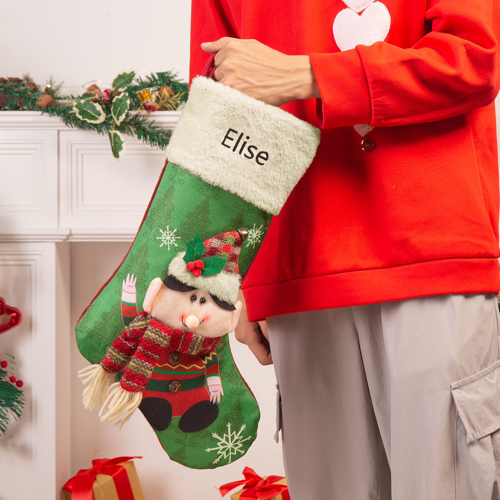 Adornos de medias navideñas con muñeco Bolsa de regalo 1 Nombre personalizado-Jessemade ES