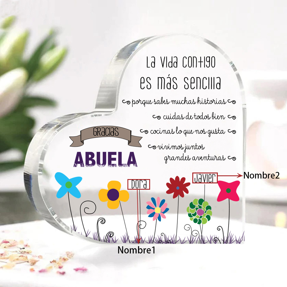 Abuela - Placa de acrílico en forma de corazón flores 1-5 nombres personalizados-Jessemade ES
