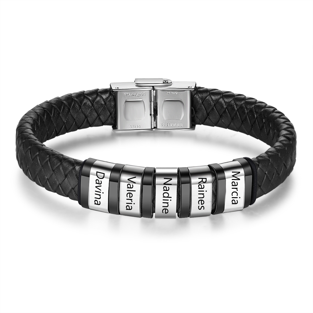 A MI PAPÁ-Pulsera de cuero trenzado de hombre con 5 perlas personalizadas con 5 nombres-Jessemade ES