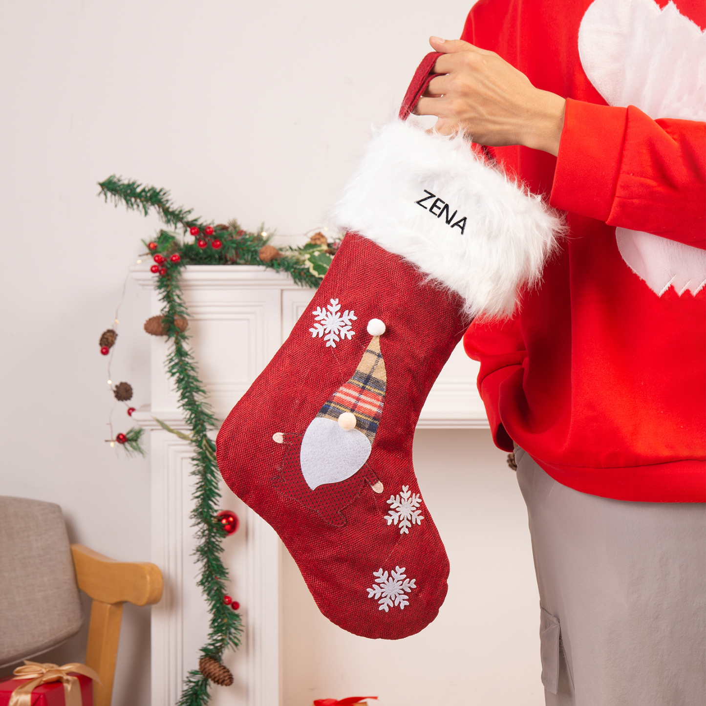 Adornos de medias navideñas con muñeco Bolsa de regalo 1 Nombre personalizado-Jessemade ES