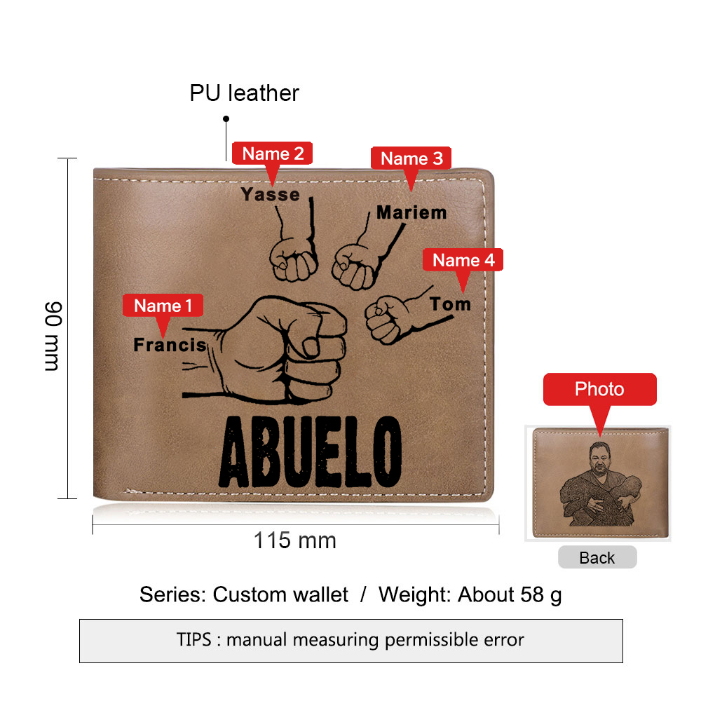 Cartera, billetera clásica puño con puño 4 nombres personalizados y una foto para abuelo-Jessemade ES