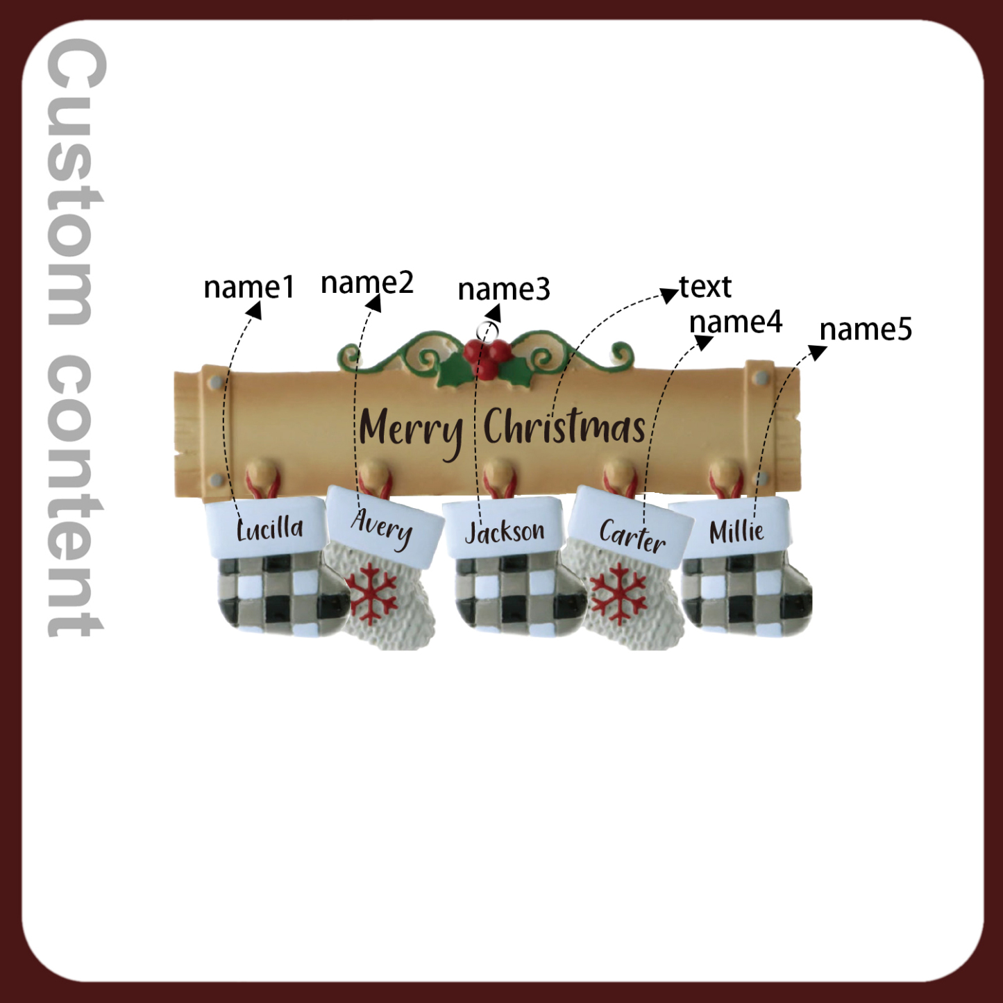 Navidad-Ornamento muñecos navideño de madera calcetines 5 nombres y 1 texto personalizados adorno del árbol-Jessemade ES
