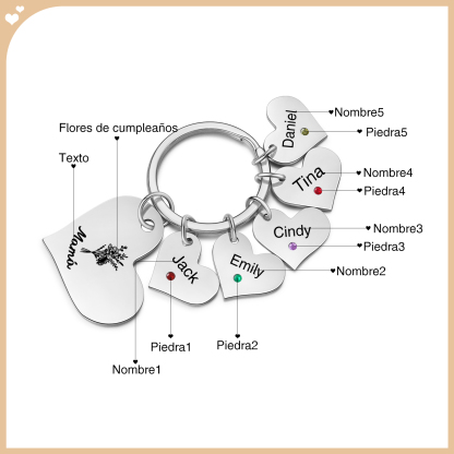A mi mamá/abuela - Llavero con 5 nombres y piedras de nacimiento personalizados en corazones con texto y flor-Jessemade ES