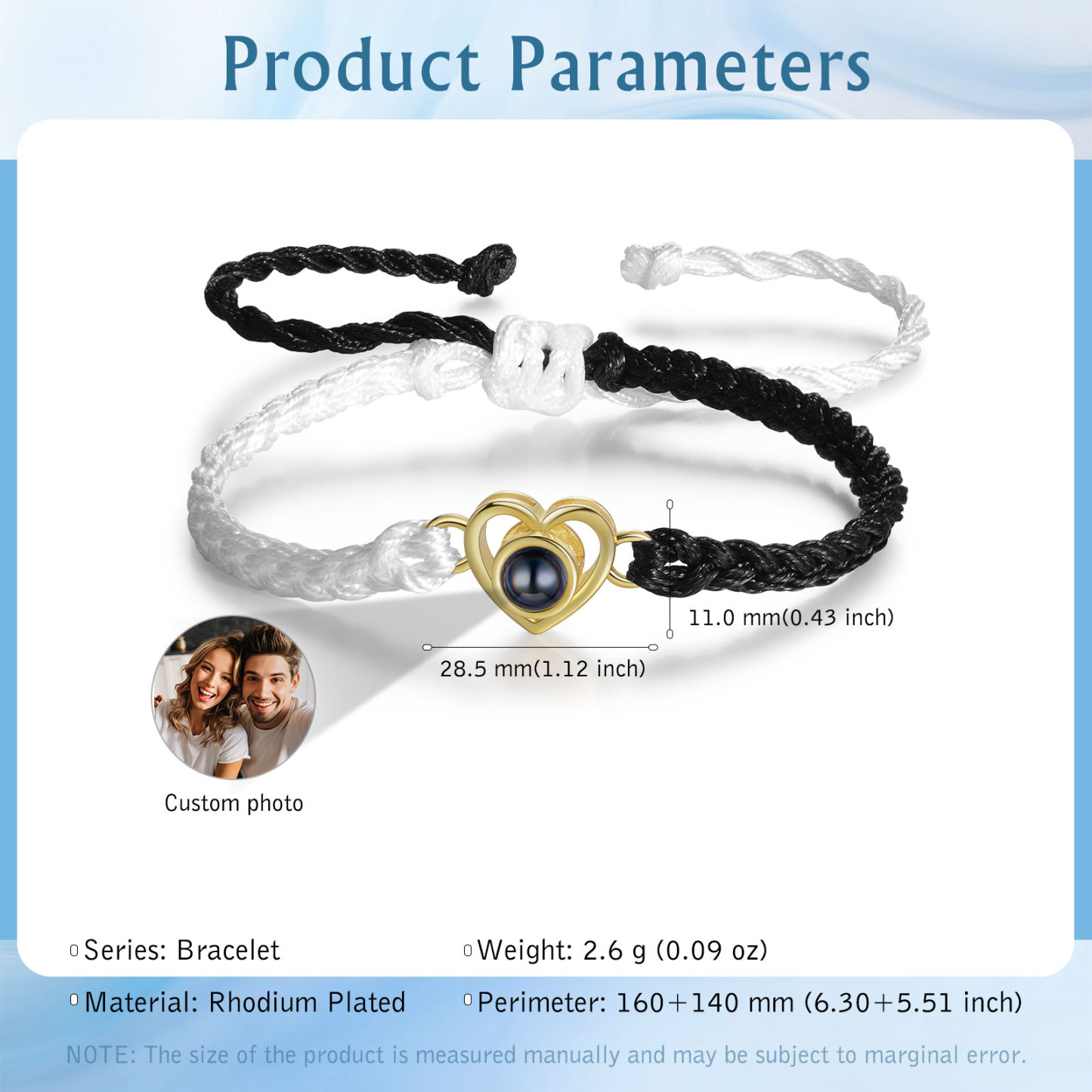 Pulsera de cuerda con proyección de foto en color con dije de corazón pulsera ajustable-Jessemade ES