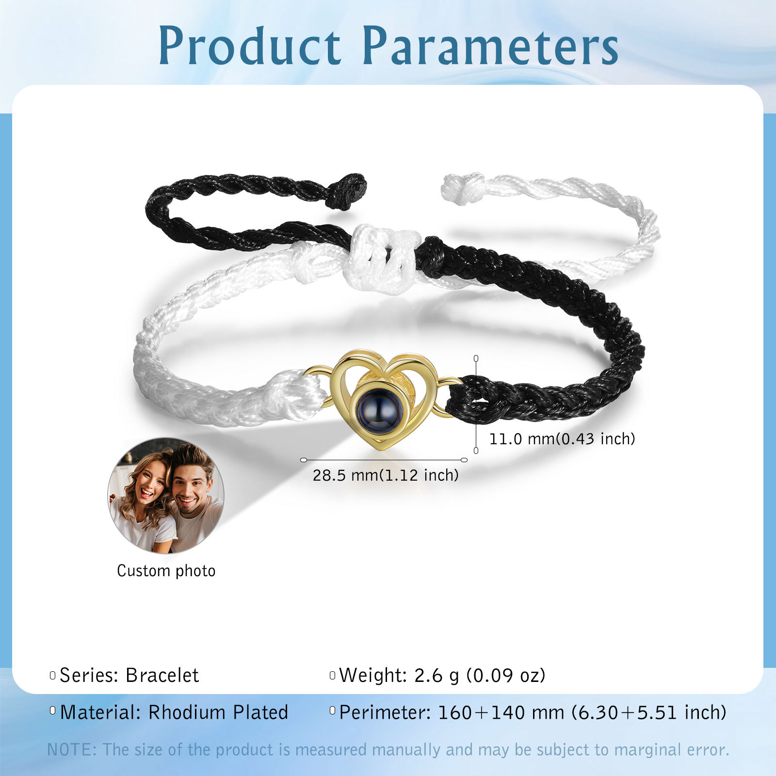 Pulsera de cuerda con proyección de foto en color con dije de corazón pulsera ajustable-Jessemade ES