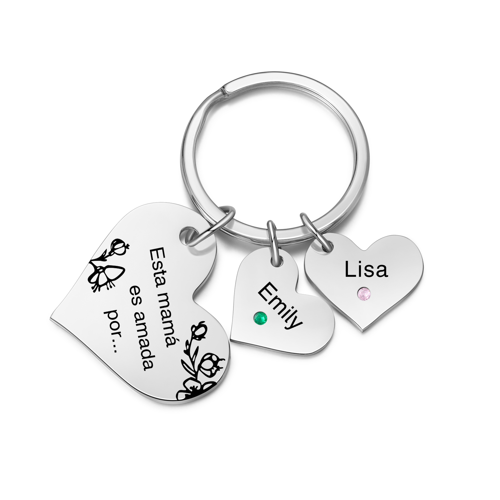 A mi mamá/abuela - Llavero con 2 nombres y piedras de nacimiento personalizados en corazones con texto-Jessemade ES