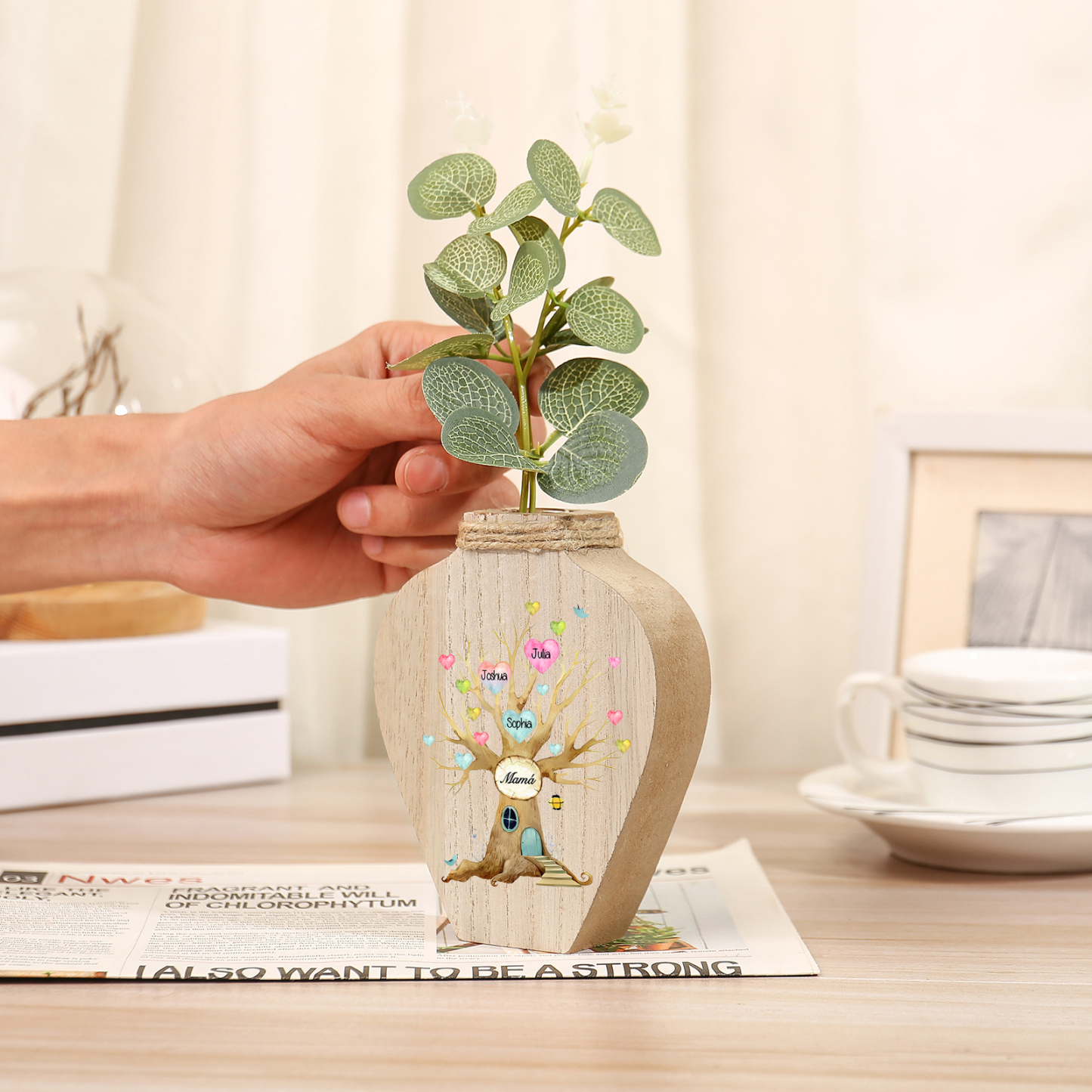 Florero de madera árbol de corazones 3 nombres personalizados con texto decoración del hogar-Jessemade ES