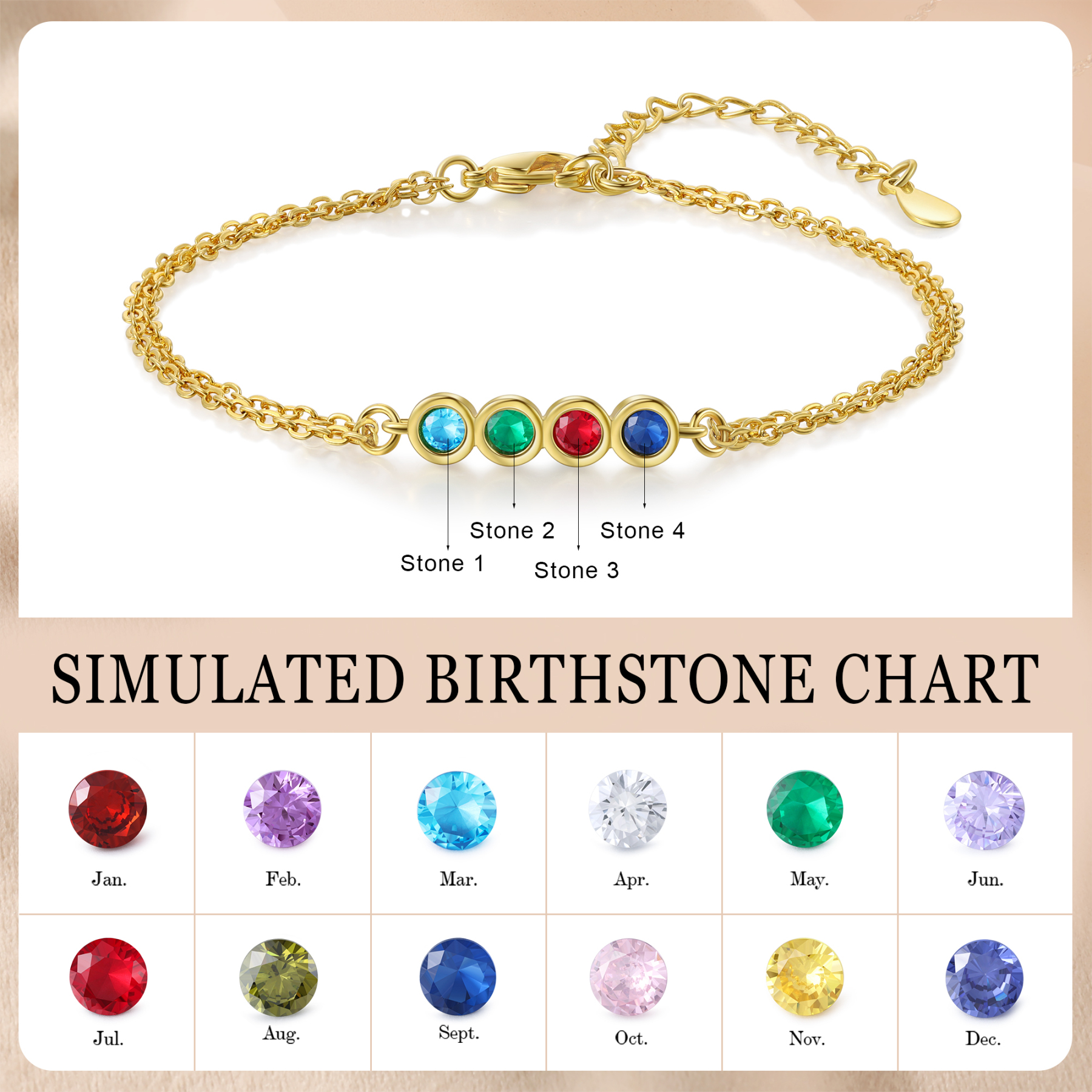 Pulsera 1-6 piedras de nacimiento personalizadas doble cadena-Jessemade ES