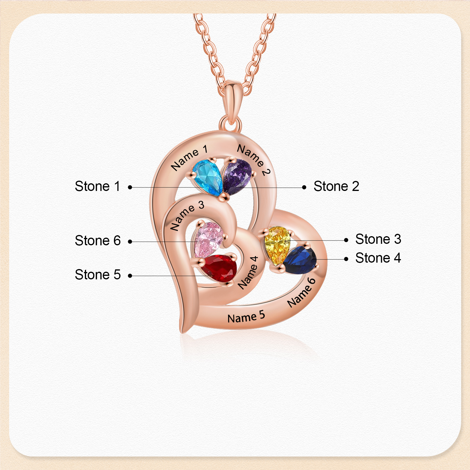 Collar corazón con 1-6 nombres personalizados y 1-6 piedras de nacimiento-Jessemade ES