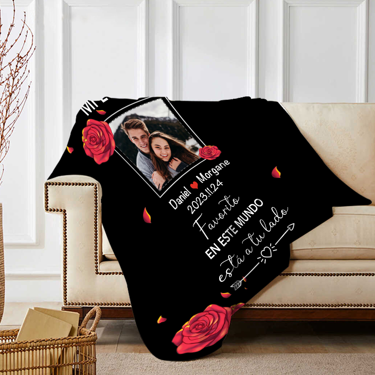 Pareja-Manta de buen calidad de foto personalizada con nombres y fecha-Jessemade ES