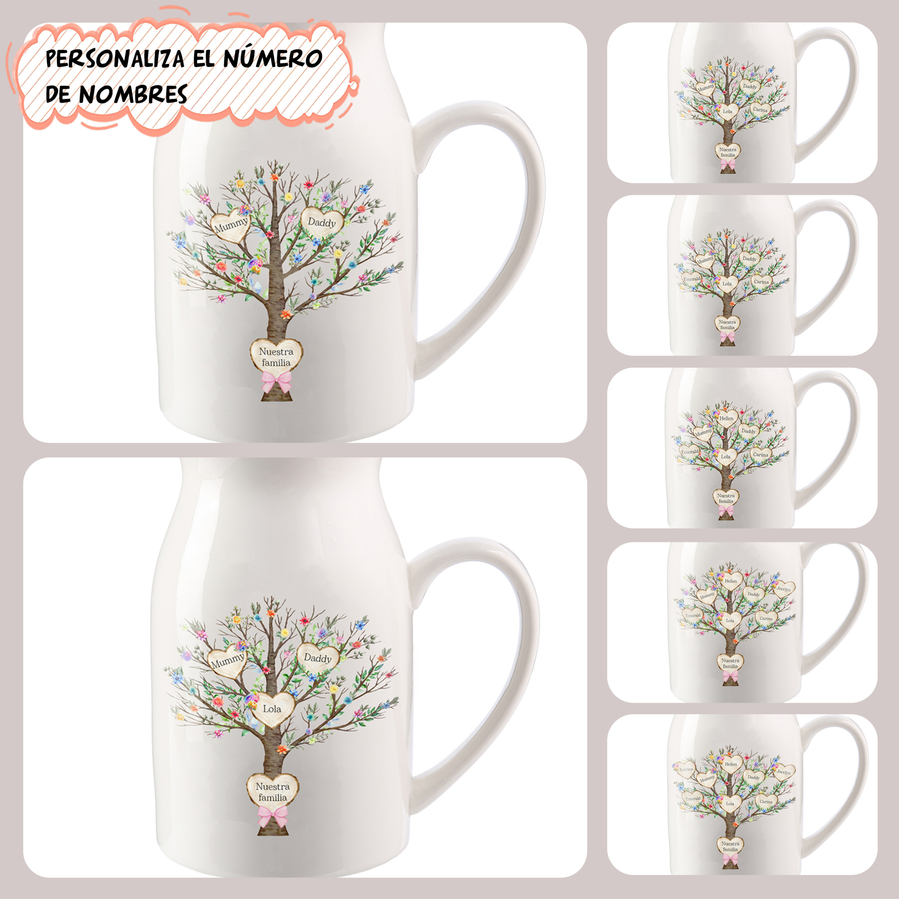 Florero de cerámica árbol de corazones 2-8 nombres personalizados con texto decoración del hogar-Jessemade ES