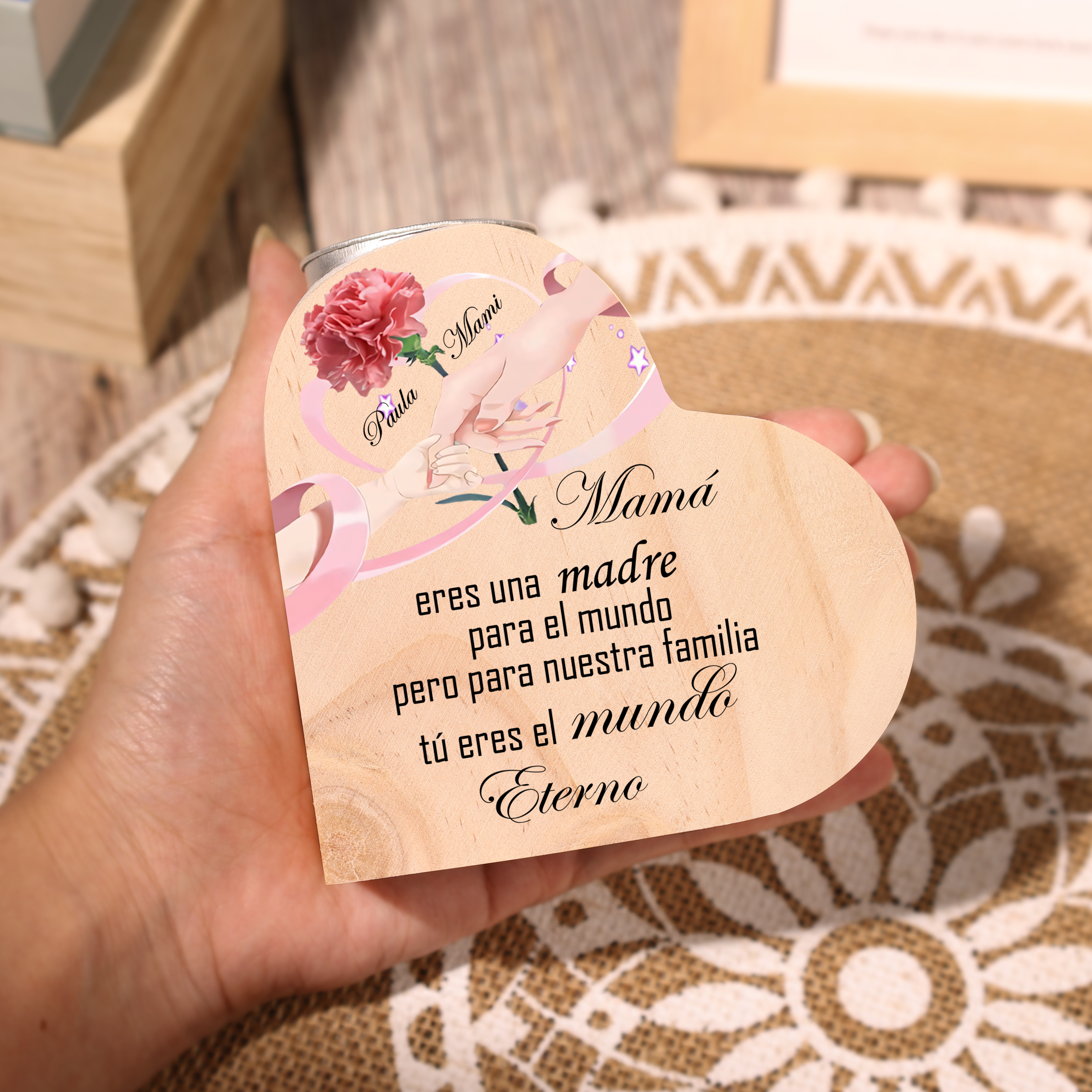 A mi mamá-Candelero con 2 nombres personalizados en forma de corazón de madera sin candela-Jessemade ES