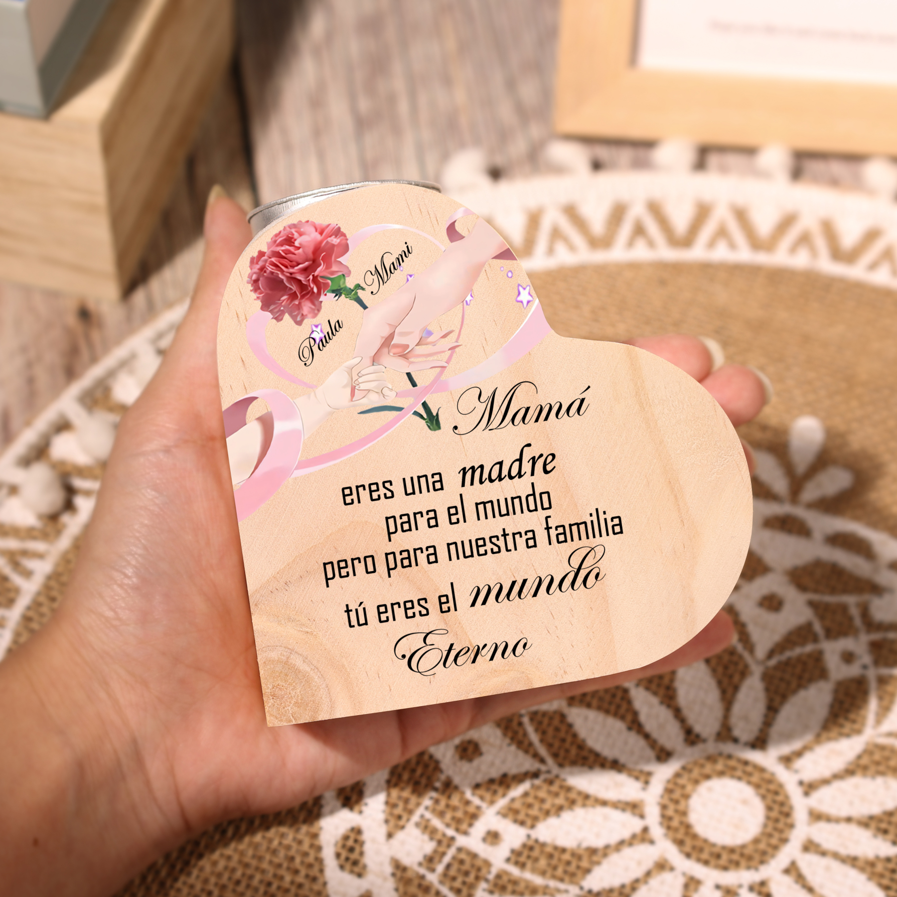 A mi mamá-Candelero con 2 nombres personalizados en forma de corazón de madera sin candela-Jessemade ES