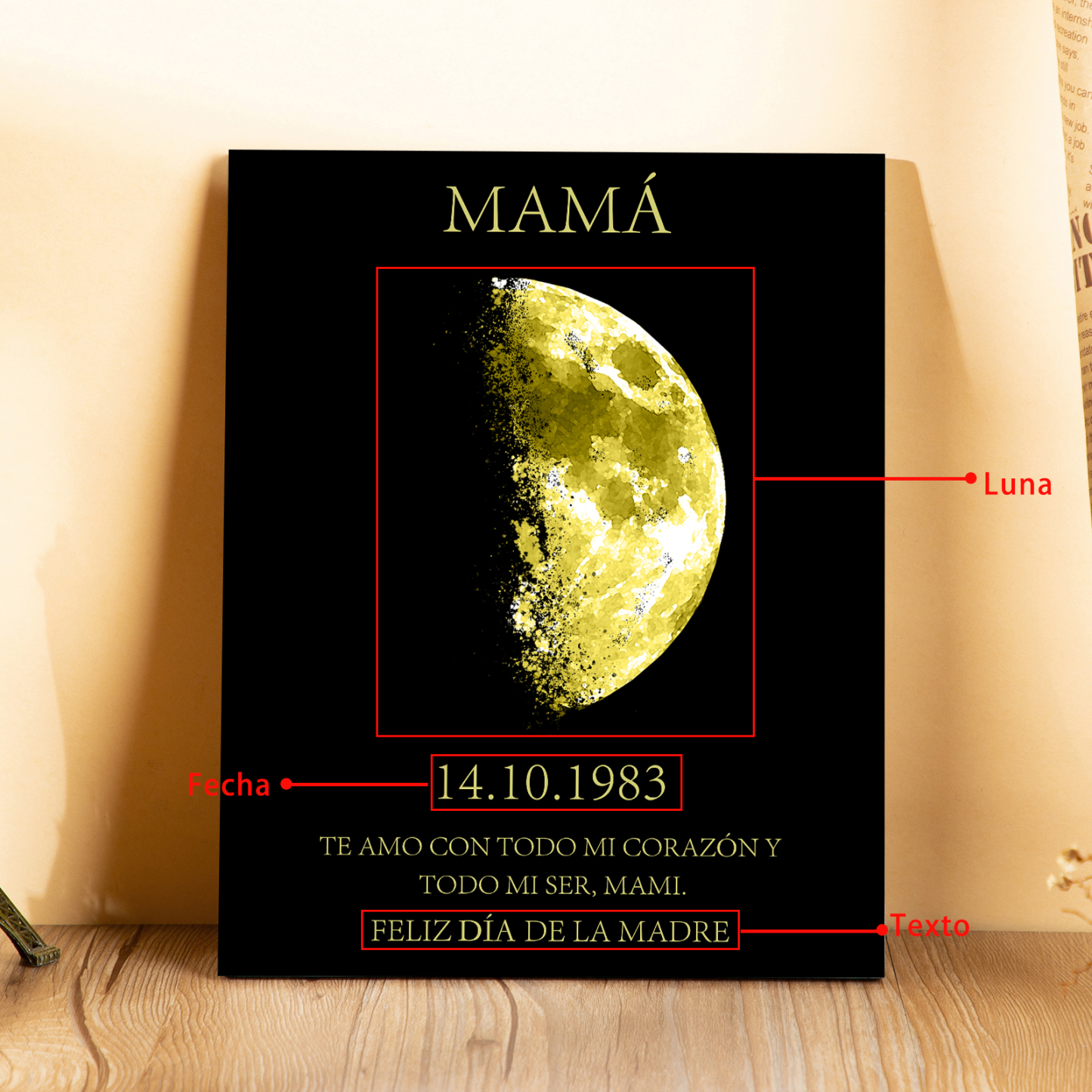 A mi mamá-Lámina con luna marco de madera personalizado con fecha y texto-Jessemade ES