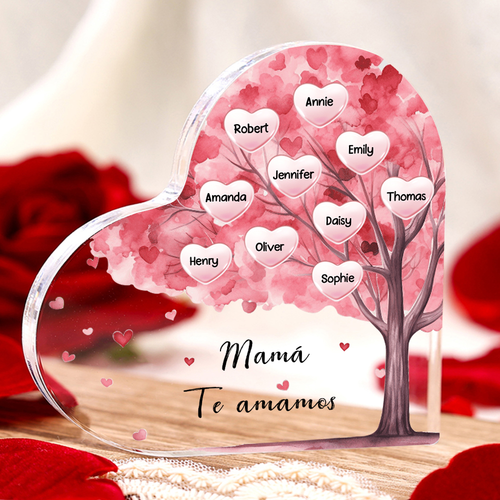 A mi mamá/abuela-Placa de acrílico "Árbol" en forma de corazón 10 nombres y 1 texto personalizados-Jessemade ES