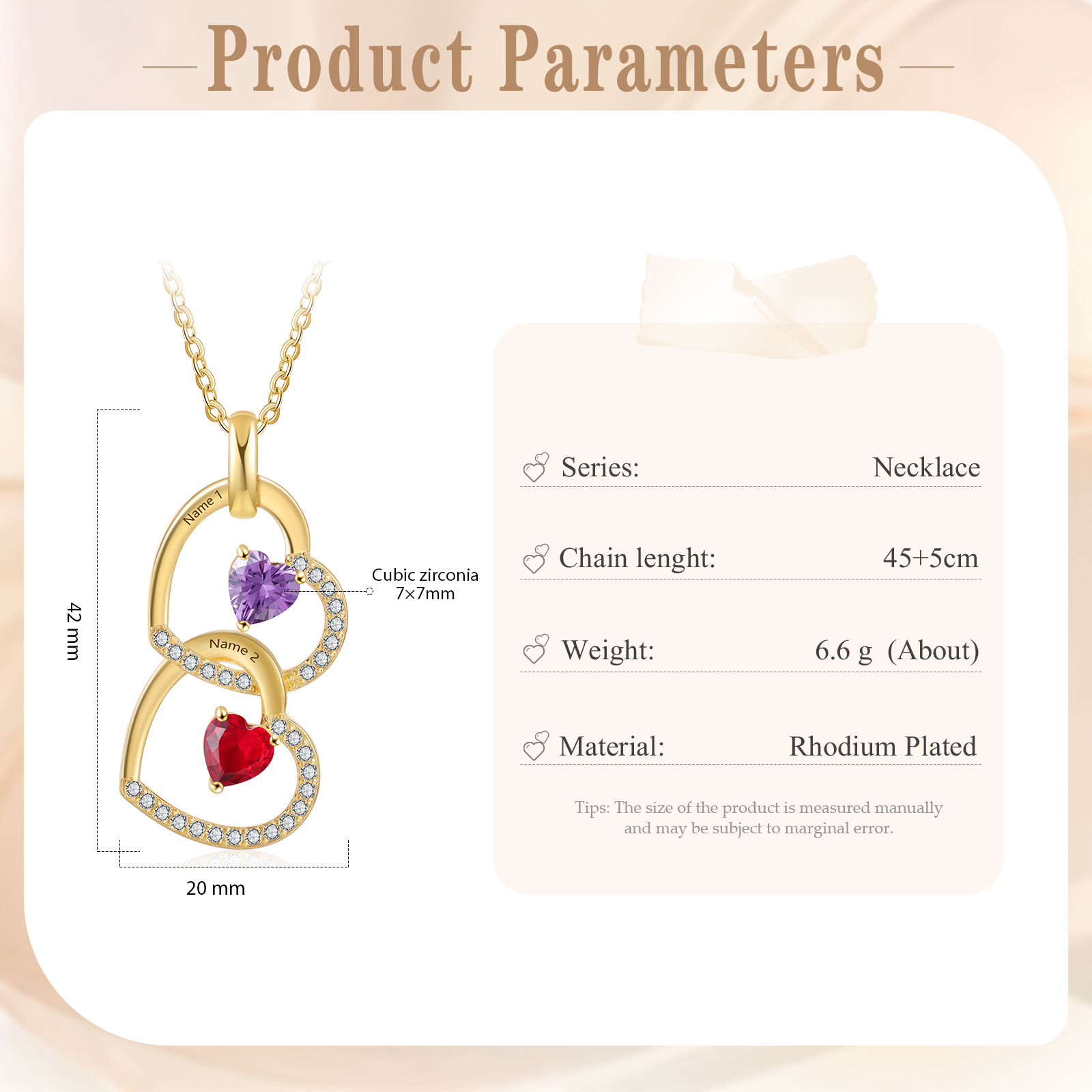 Collar corazones con 1-3 nombres personalizados y 1-3 piedras de nacimiento-Jessemade ES