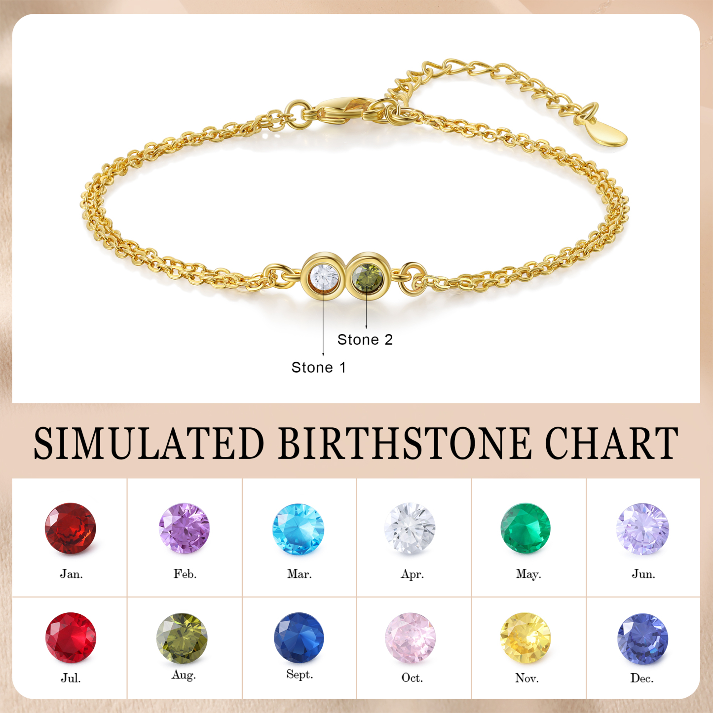 Pulsera 1-6 piedras de nacimiento personalizadas doble cadena-Jessemade ES