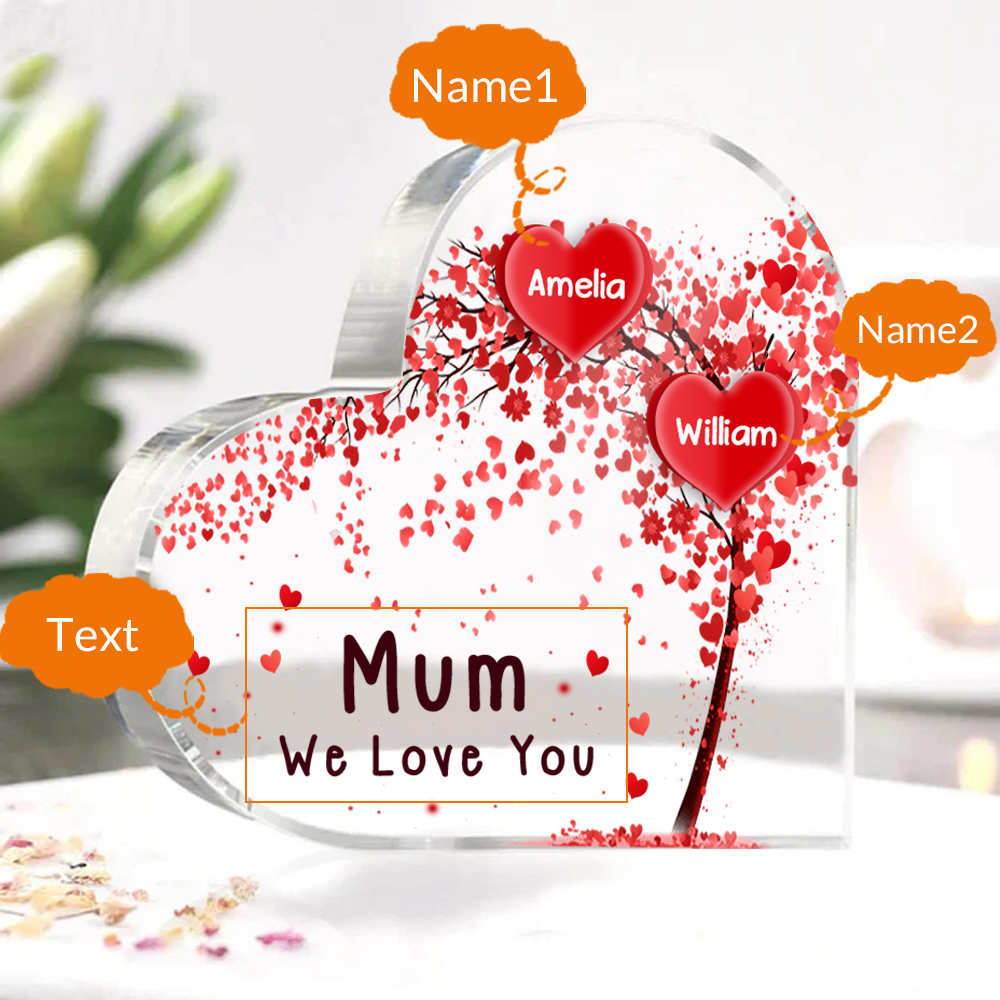 A mi mamá/abuela-Placa de acrílico "Corazones" en forma de corazón 2 nombres y 1 texto personalizados-Jessemade ES