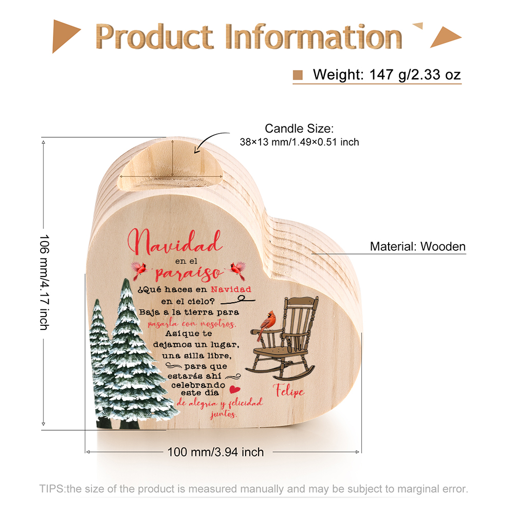 Navidad en el paraíso-Candelero de corazón en memoria de ser querido personalizado con nombre de madera sin vela-Jessemade ES