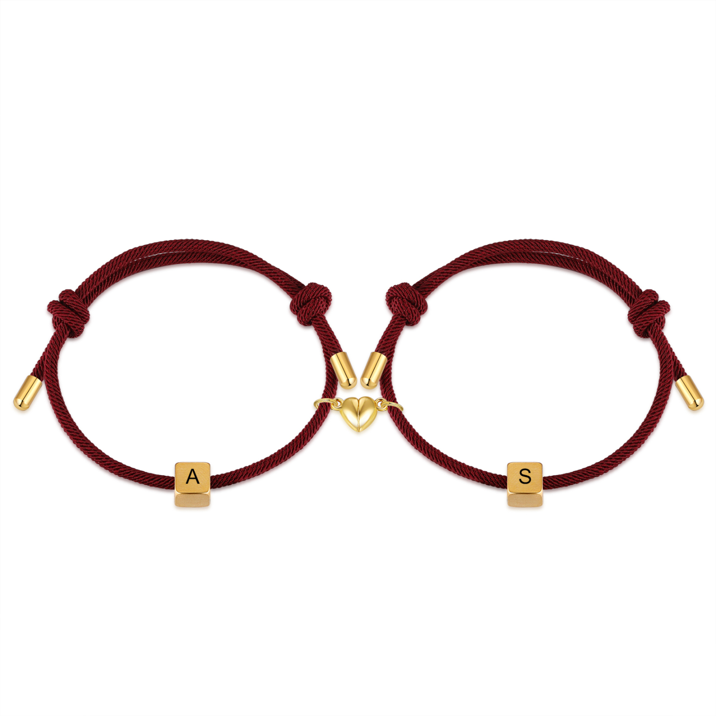 Pulseras de cuerda personalizadas para pareja con dije de corazón magnético grabado de dos letras-Jessemade ES