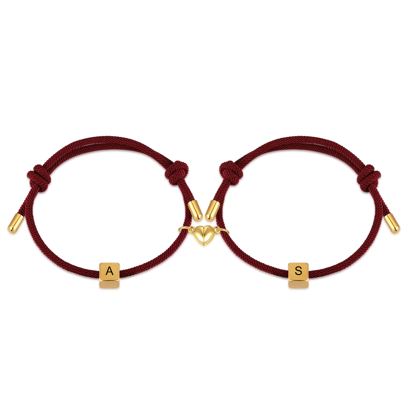 Pulseras de cuerda personalizadas para pareja con dije de corazón magnético grabado de dos letras-Jessemade ES