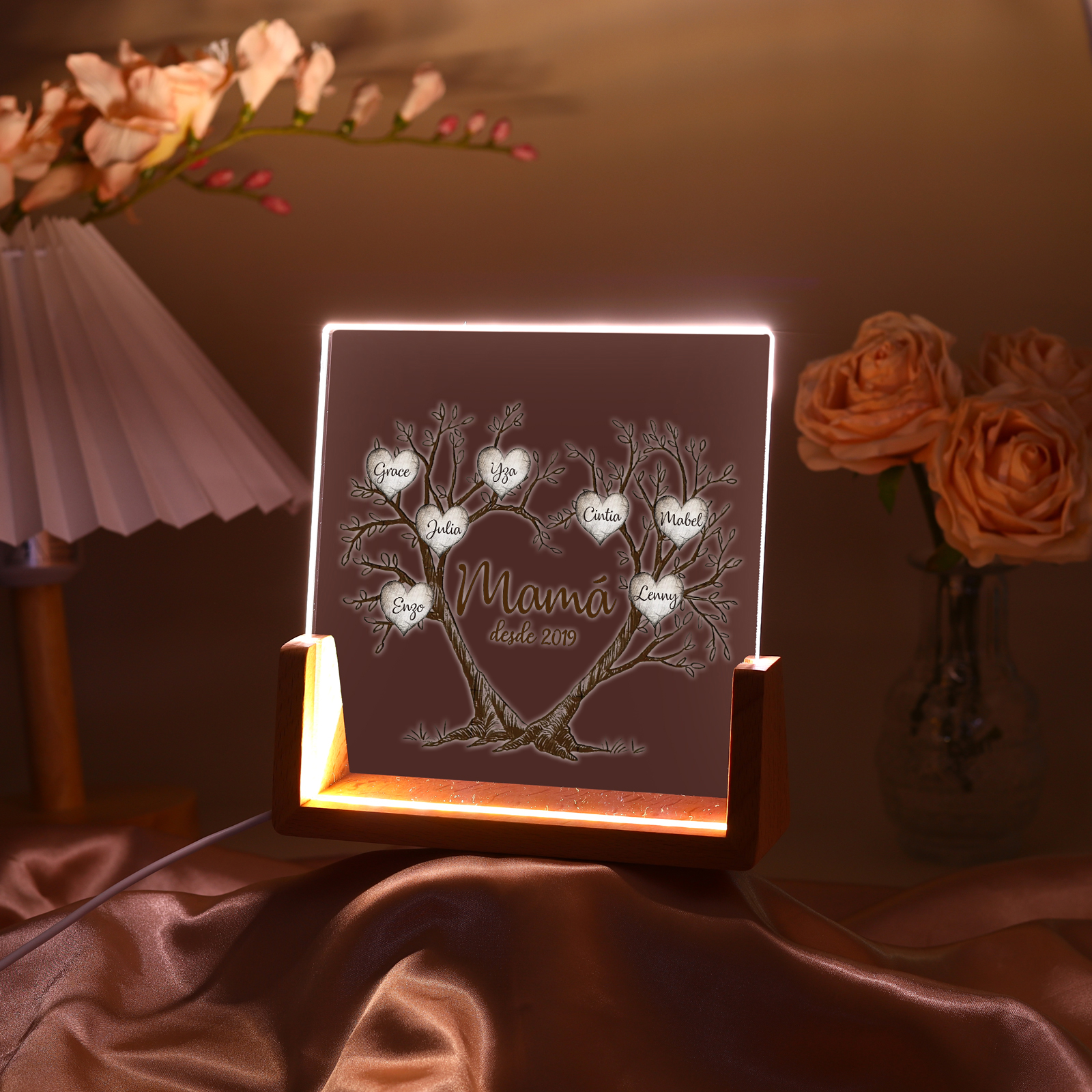 A mi mamá/abuela-Lámpara Personalizada con 2-8 Nombres, 1 Texto y 1 Fecha "árbol de la vida" 3D Ilusión Luz de Noche-Jessemade ES