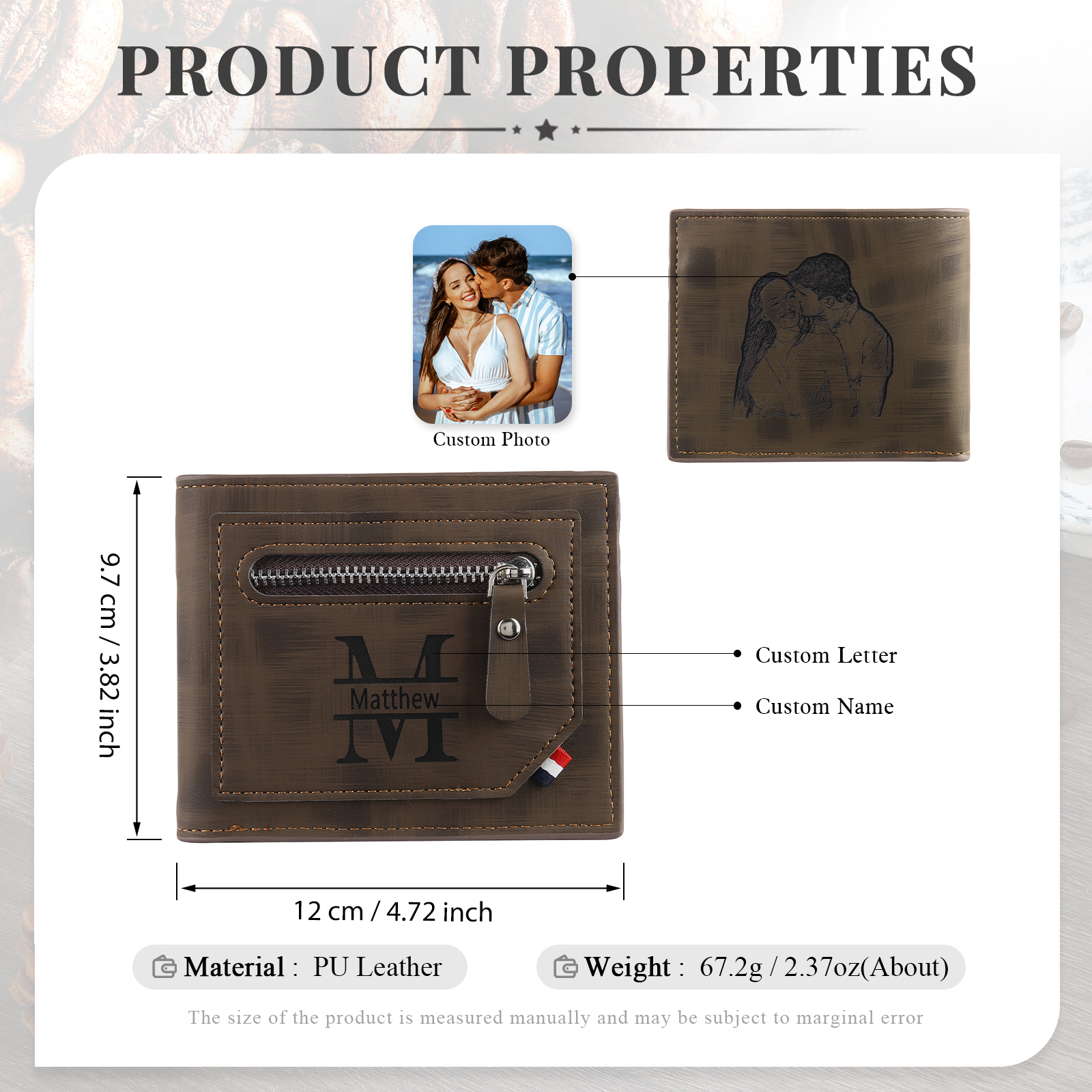 Cartera, billetera personalizada con 1 foto, 1 nombre y 1 letra monedero para hombre-Jessemade ES