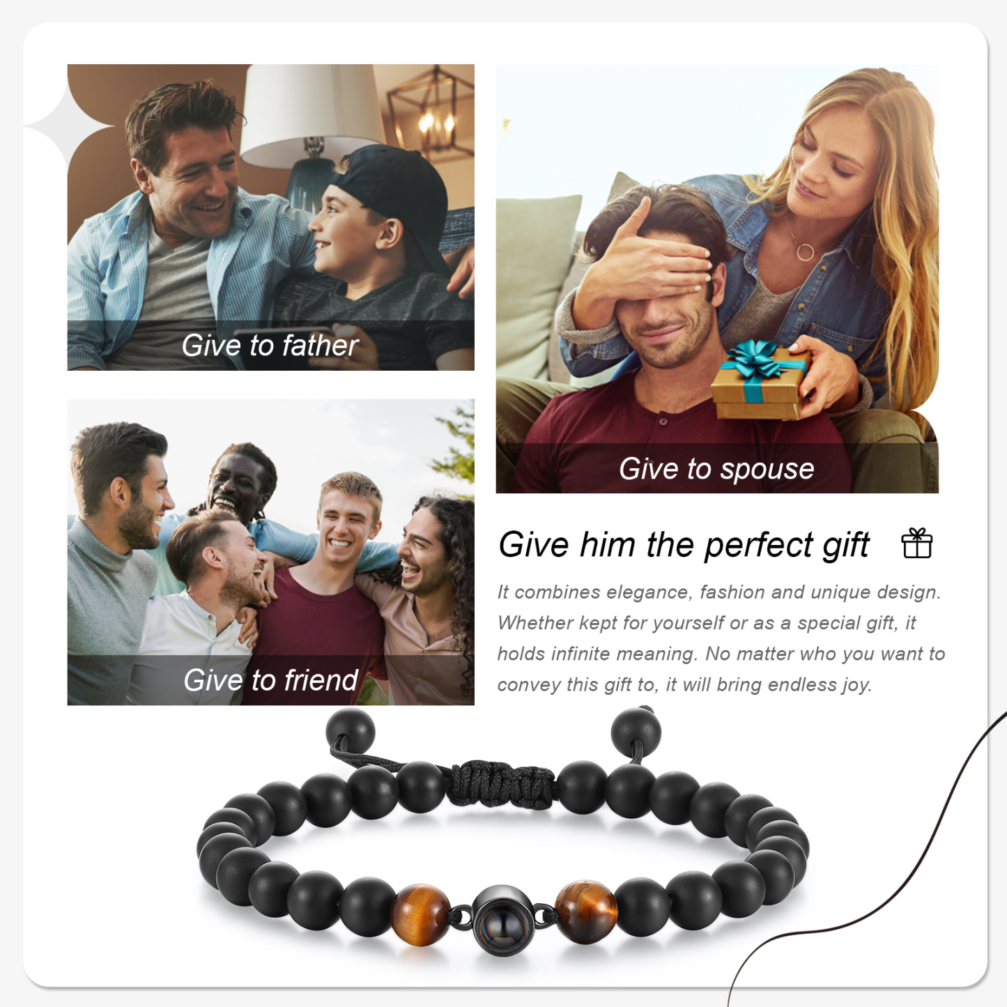A mi papá-Pulsera de perlas con proyección de foto en color para hombre-Jessemade ES
