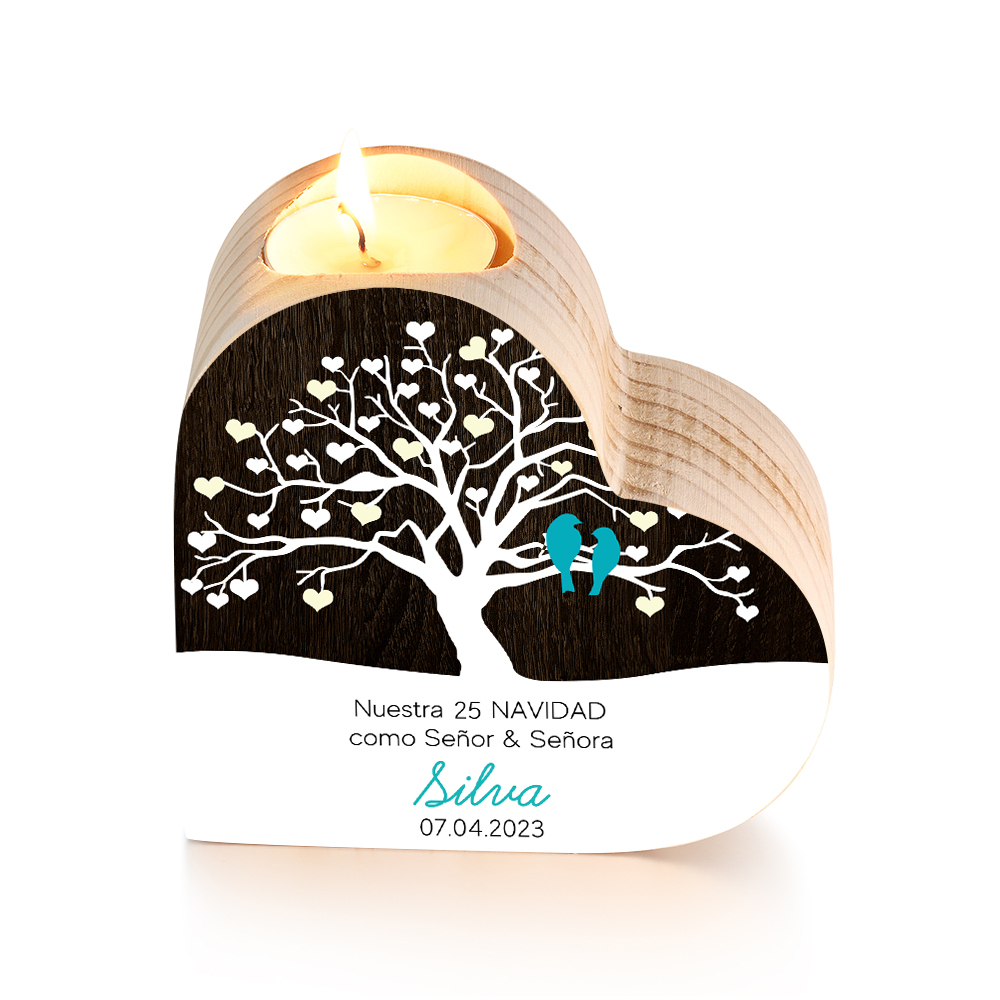 Aniversario de Navidad-Candelero de madera para pareja con pájaros de amor sin vela personalizado con apellido, fecha y número-Jessemade ES