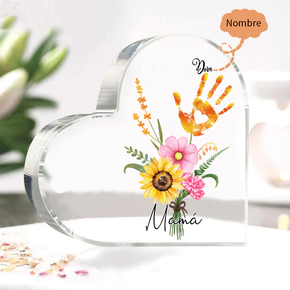 A mi mamá-Placa de acrílico en forma de corazón flor y manitas 1-5 nombres personalizados-Jessemade ES
