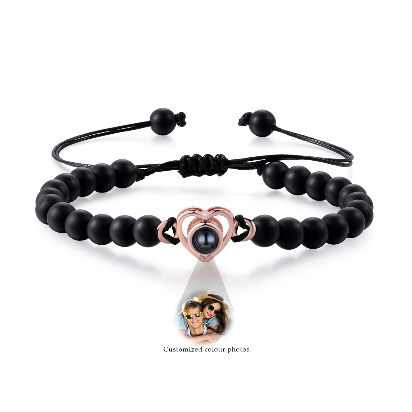 Pulsera de turquesa negra sintética con proyección de foto en color con dije de corazón pulsera ajustable-Jessemade ES