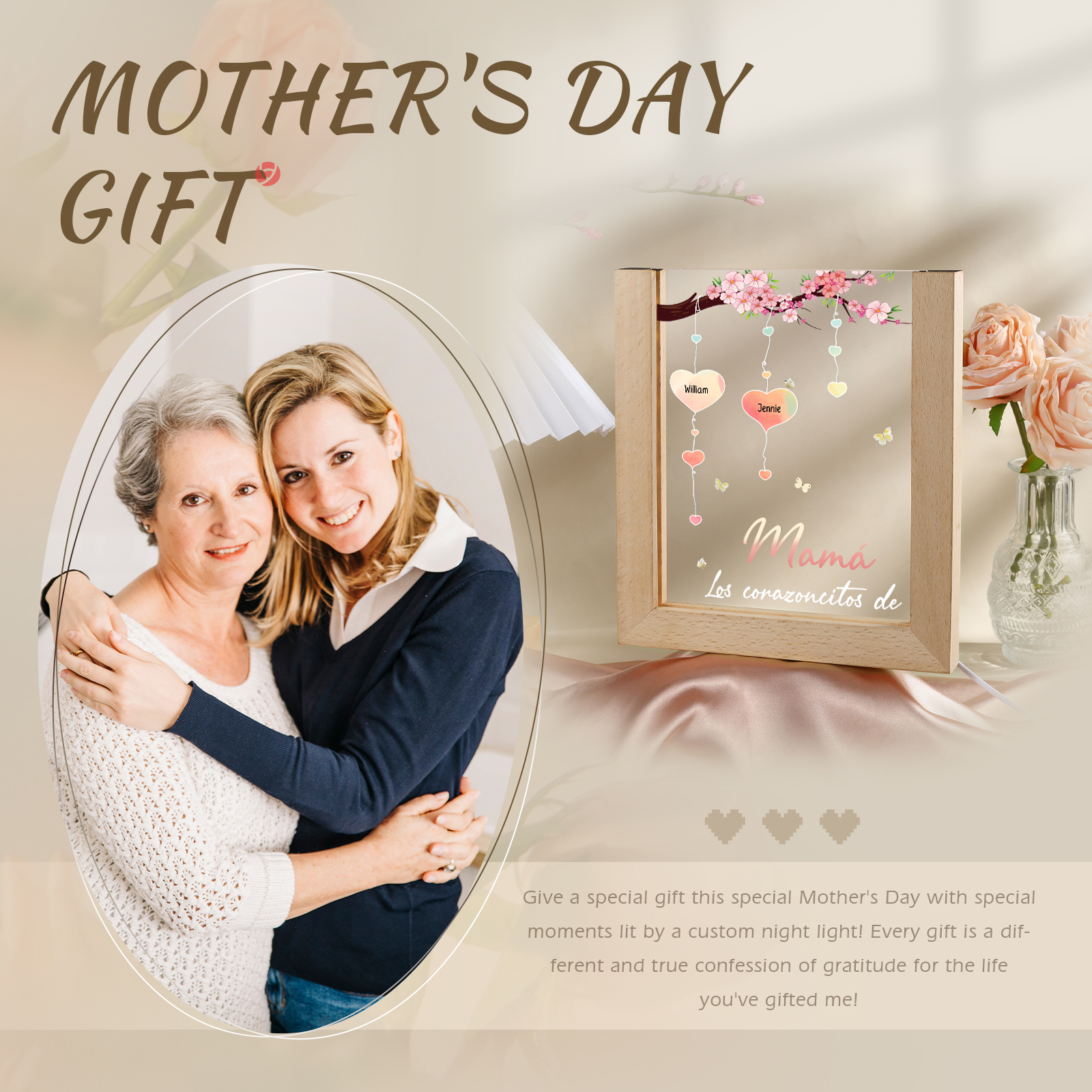 A mi mamá/abuela-Lámpara Personalizada con 2-8 Nombres y Texto "árbol y corazones" 3D Ilusión Luz de Noche-Jessemade ES